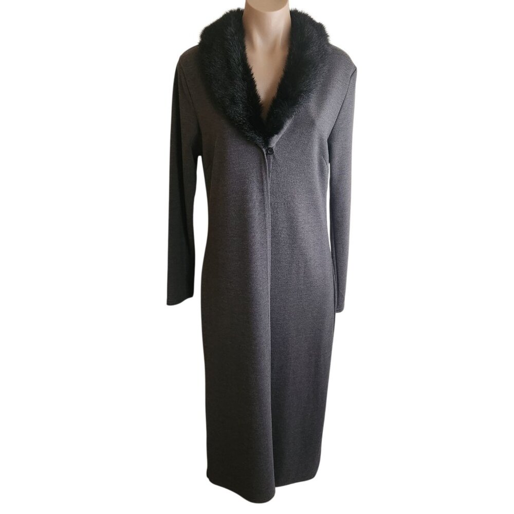 Vintage Long Cardigan Sweater Duster Coat Faux Fur Collar Long Sleeve Size Med